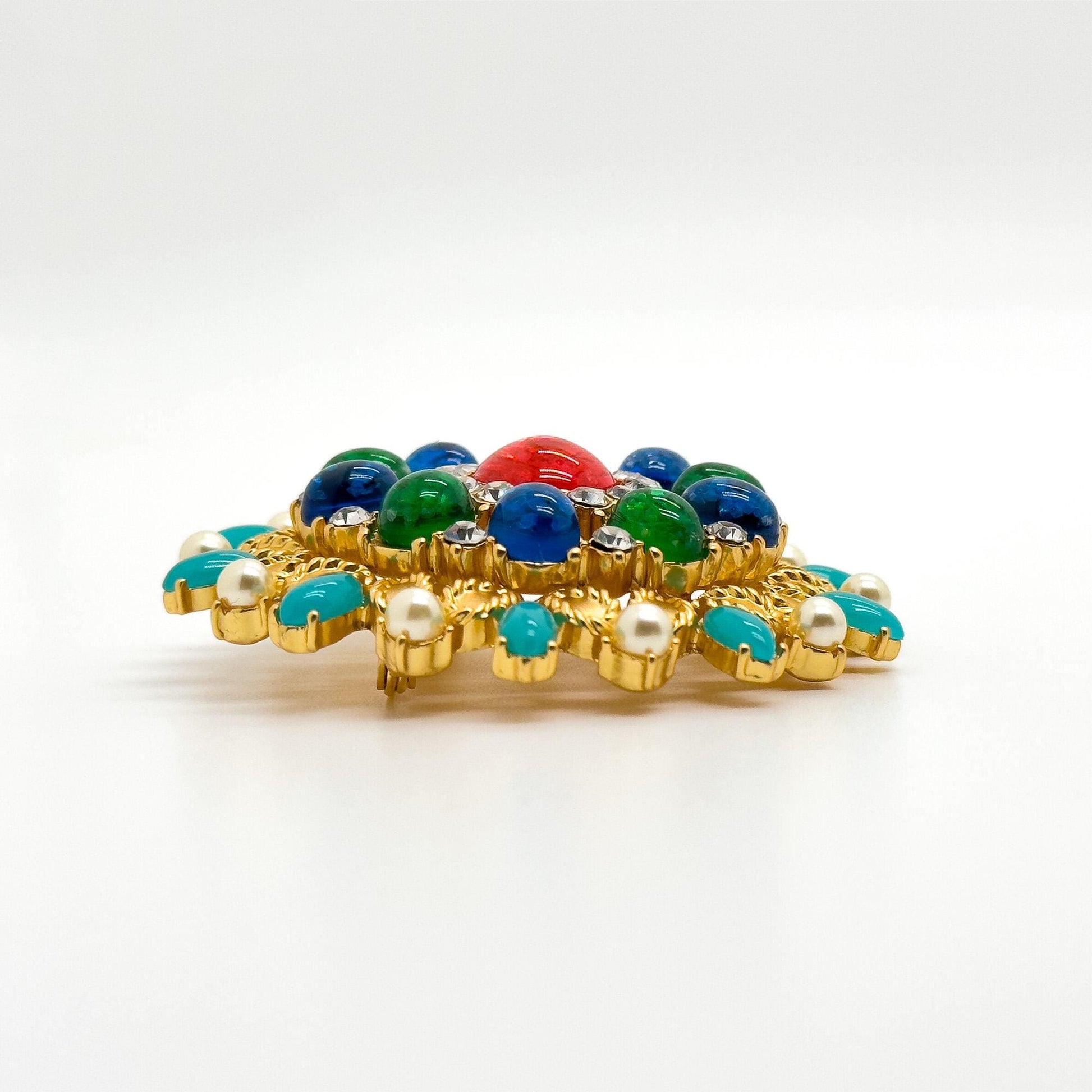 Vintage Art Deco Colour Glass Gemstone Floral Brooch 1960s Style