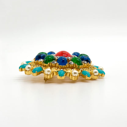 Vintage Art Deco Colour Glass Gemstone Floral Brooch 1960s Style