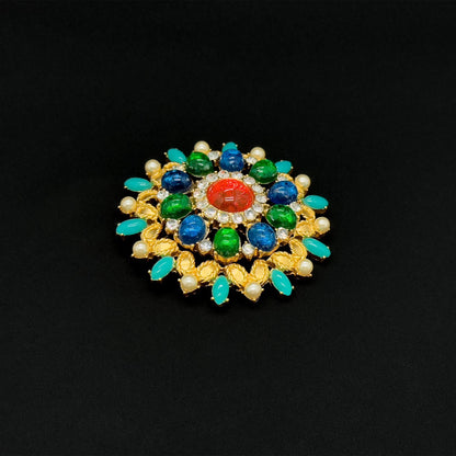 Vintage Art Deco Colour Glass Gemstone Floral Brooch 1960s Style