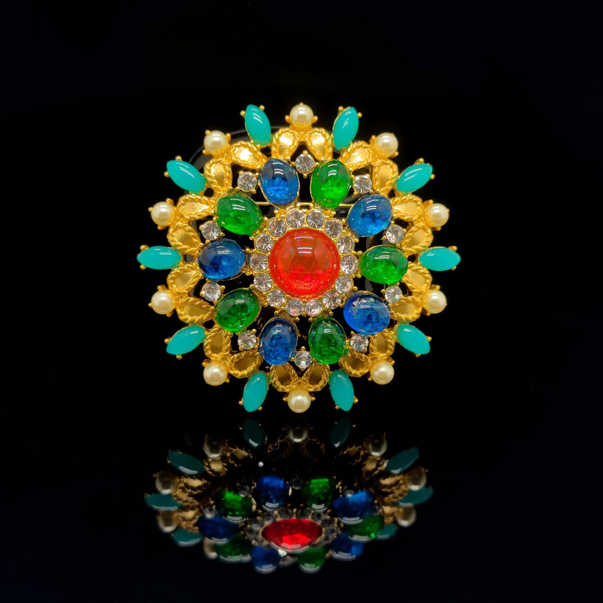 Vintage Art Deco Colour Glass Gemstone Floral Brooch 1960s Style