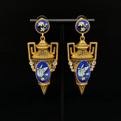 Vintage Art Deco Pigeon Drop Earrings Copper Enamel 925 Silver