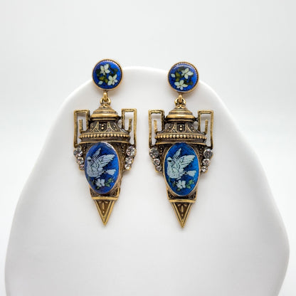 Vintage Art Deco Pigeon Drop Earrings Copper Enamel 925 Silver