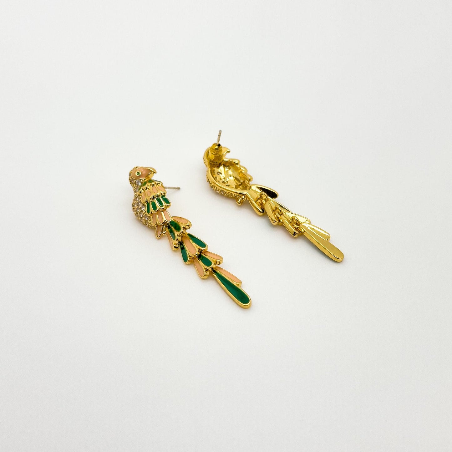 Gold-Plated Enamel Mini Parrot Stud Earrings with Rhinestones
