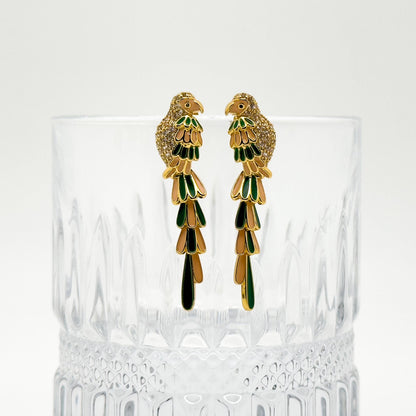 Gold-Plated Enamel Mini Parrot Stud Earrings with Rhinestones