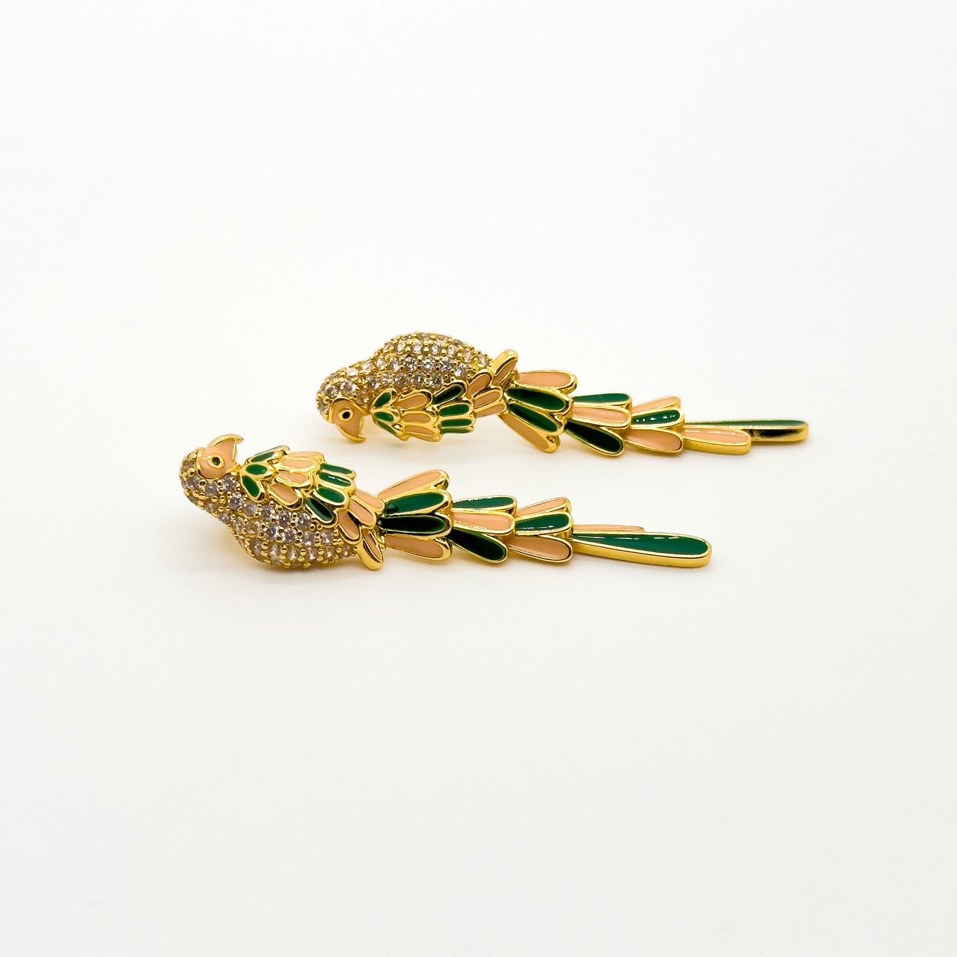 Gold-Plated Enamel Mini Parrot Stud Earrings with Rhinestones