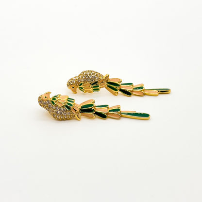 Gold-Plated Enamel Mini Parrot Stud Earrings with Rhinestones