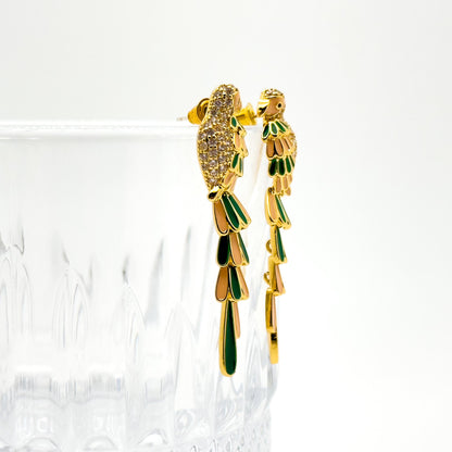 Gold-Plated Enamel Mini Parrot Stud Earrings with Rhinestones