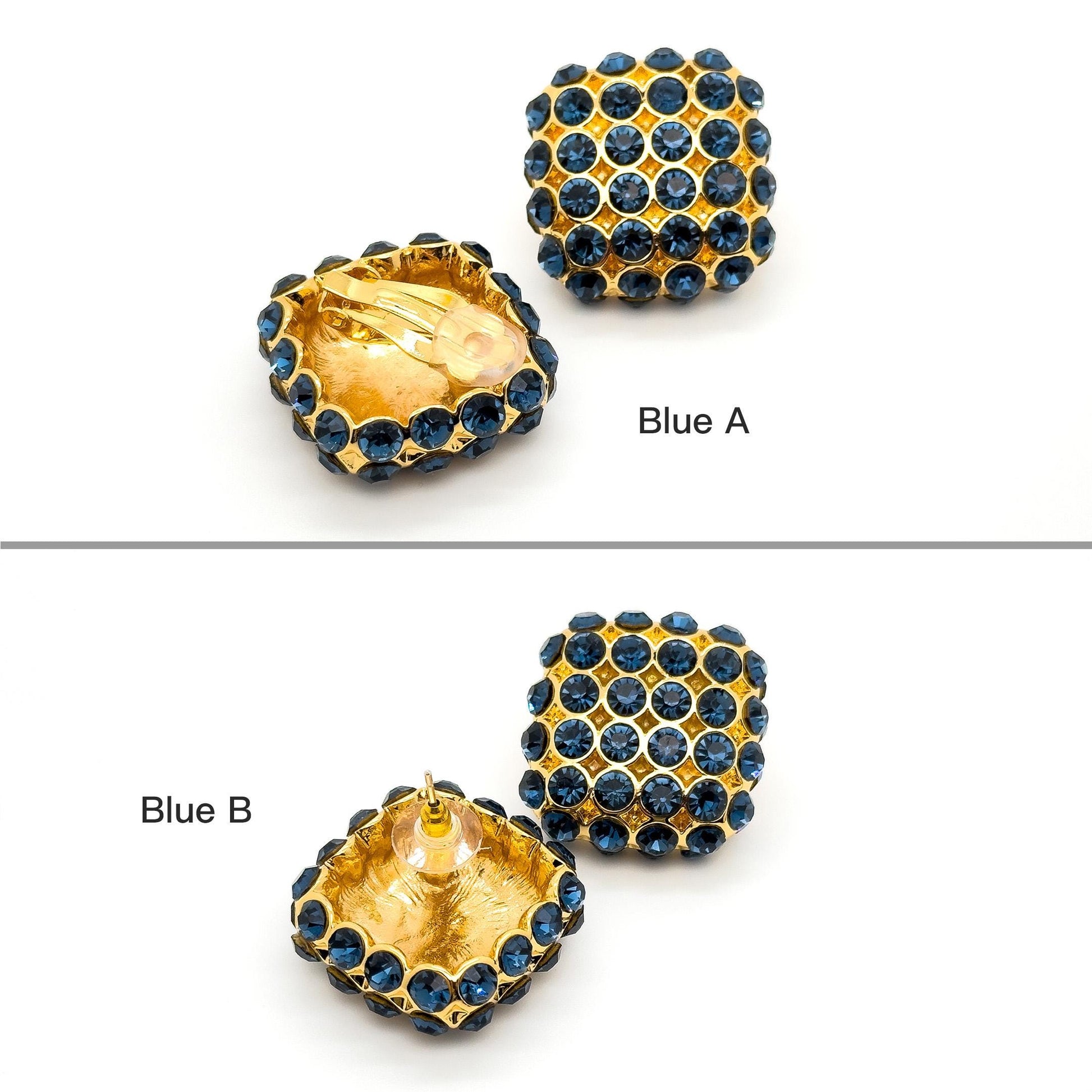 Vintage Square Rhinestone Earrings Green Blue Gold-Plated Studs