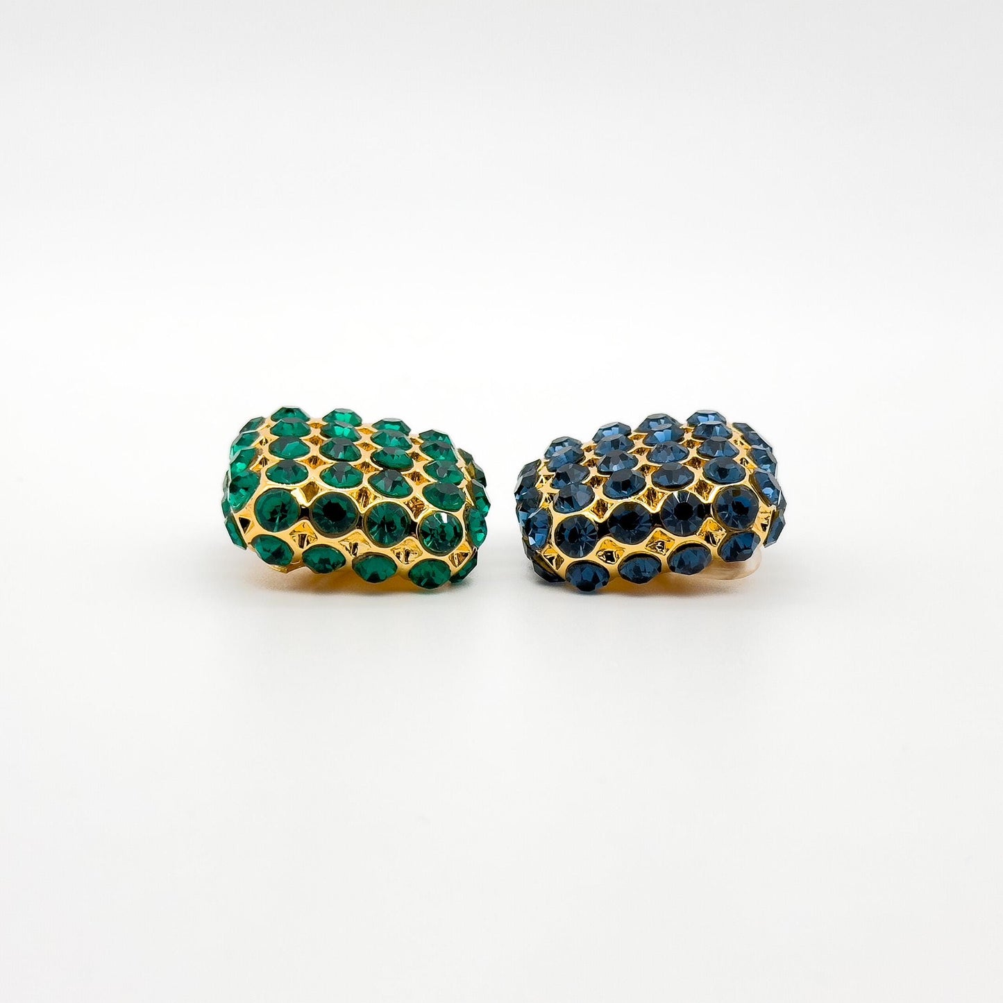 Vintage Square Rhinestone Earrings Green Blue Gold-Plated Studs
