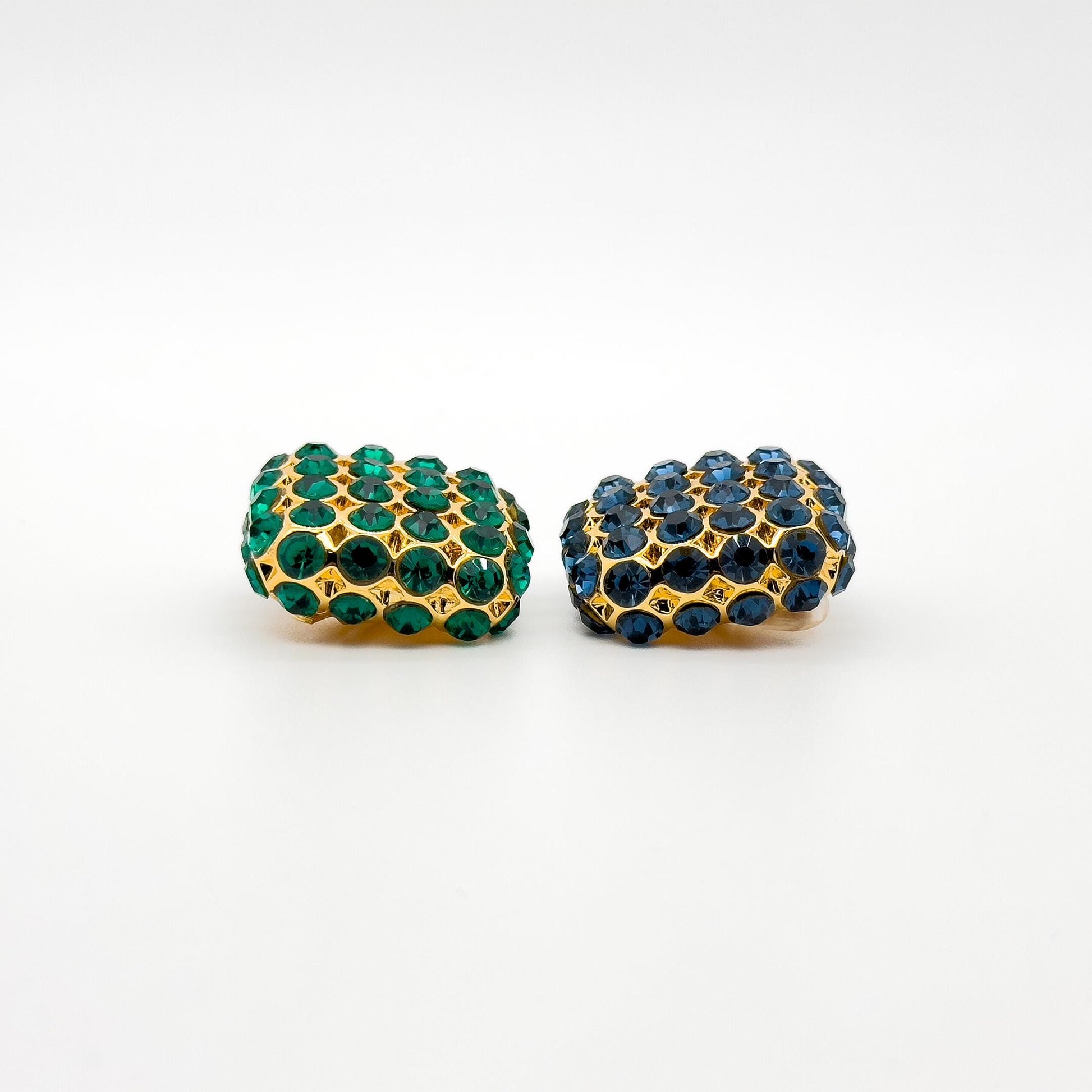 Vintage Square Rhinestone Earrings Green Blue Gold-Plated Studs