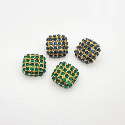 Vintage Square Rhinestone Earrings Green Blue Gold-Plated Studs