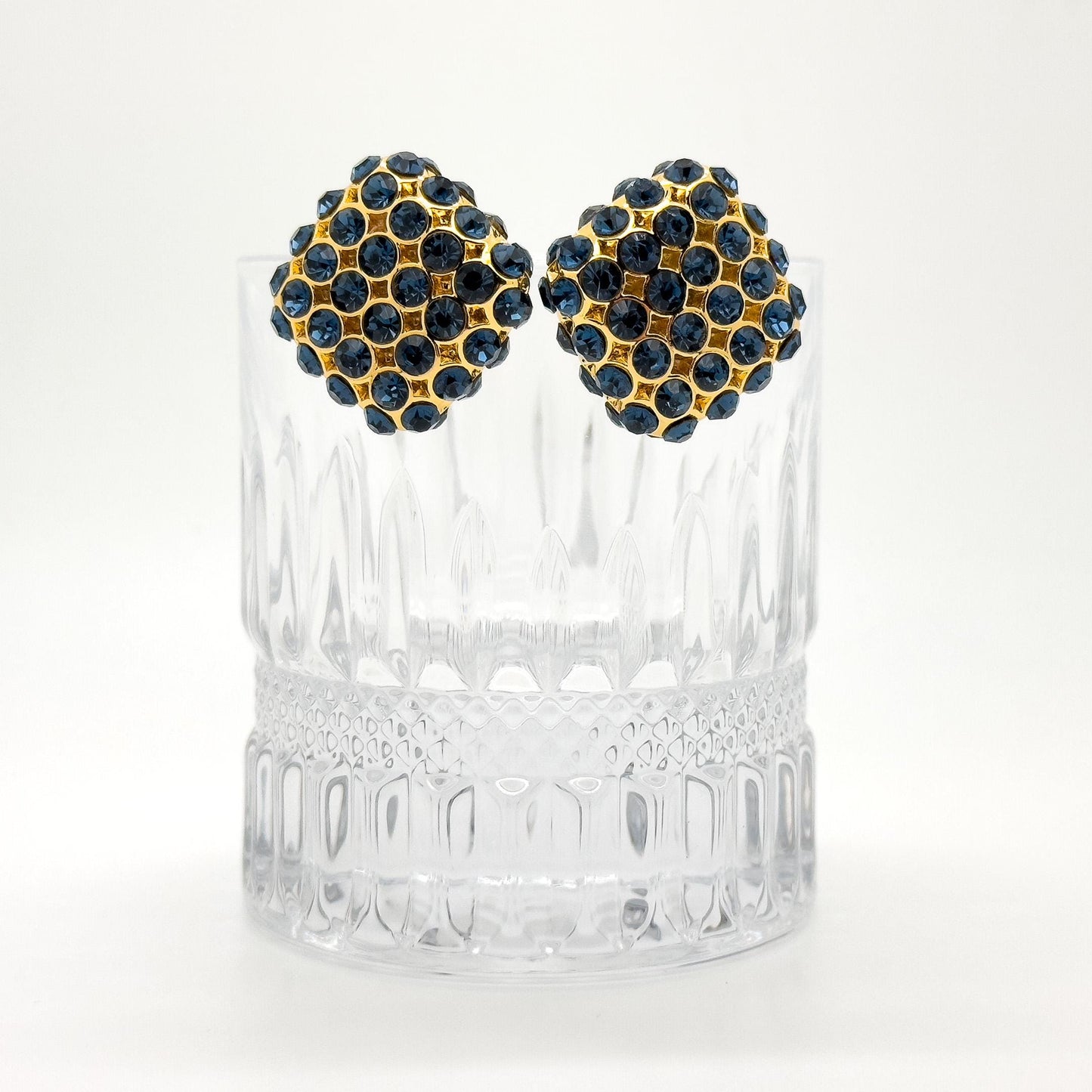 Vintage Square Rhinestone Earrings Green Blue Gold-Plated Studs