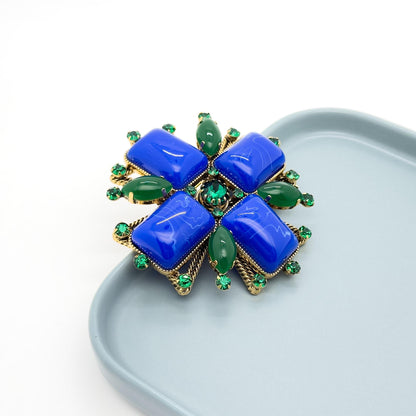 Vintage Art Deco Blue Gemstone Cross Brooch Rhinestone Overcoat Pin