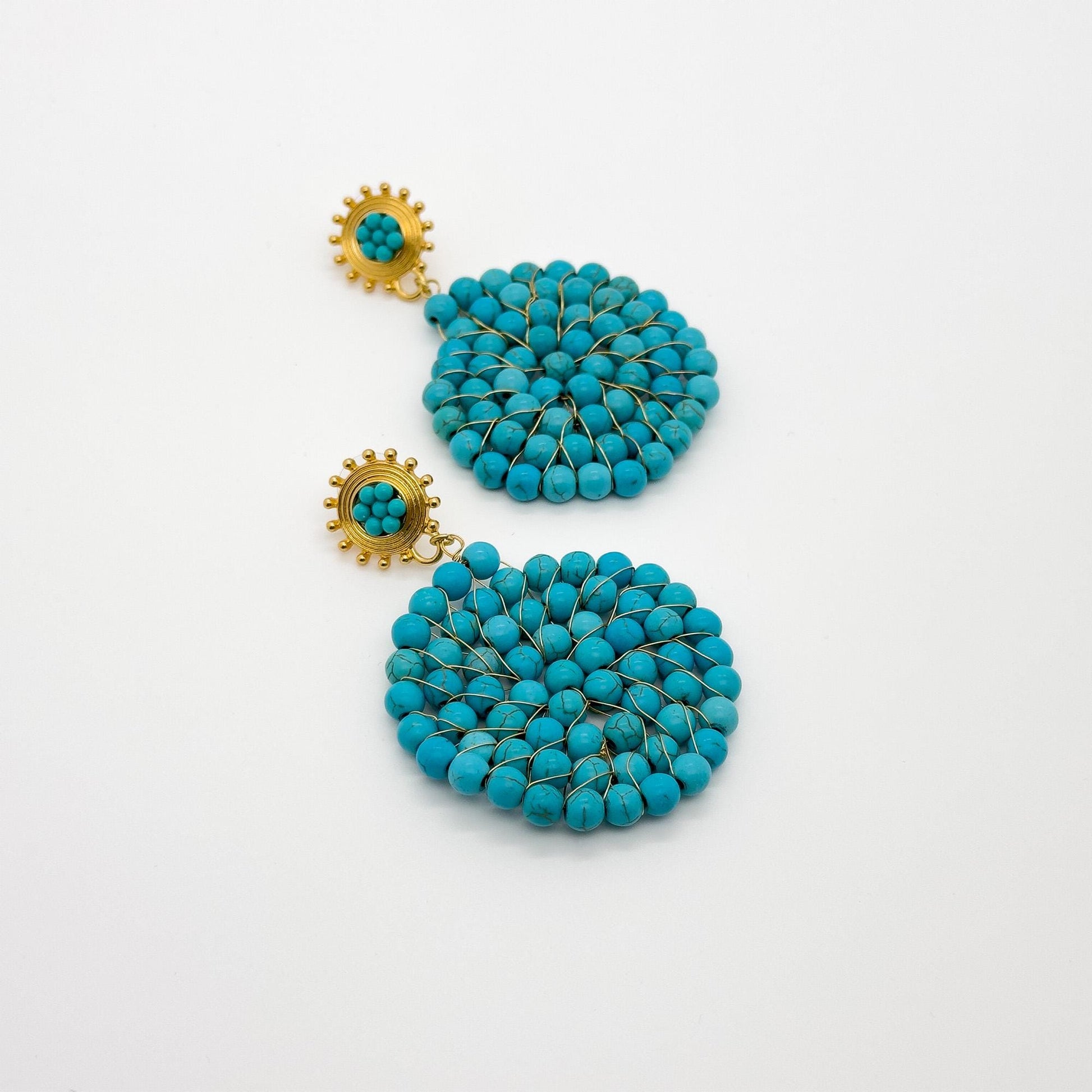 Vintage Turquoise Round Disc Hoop Earrings Art Deco Statement