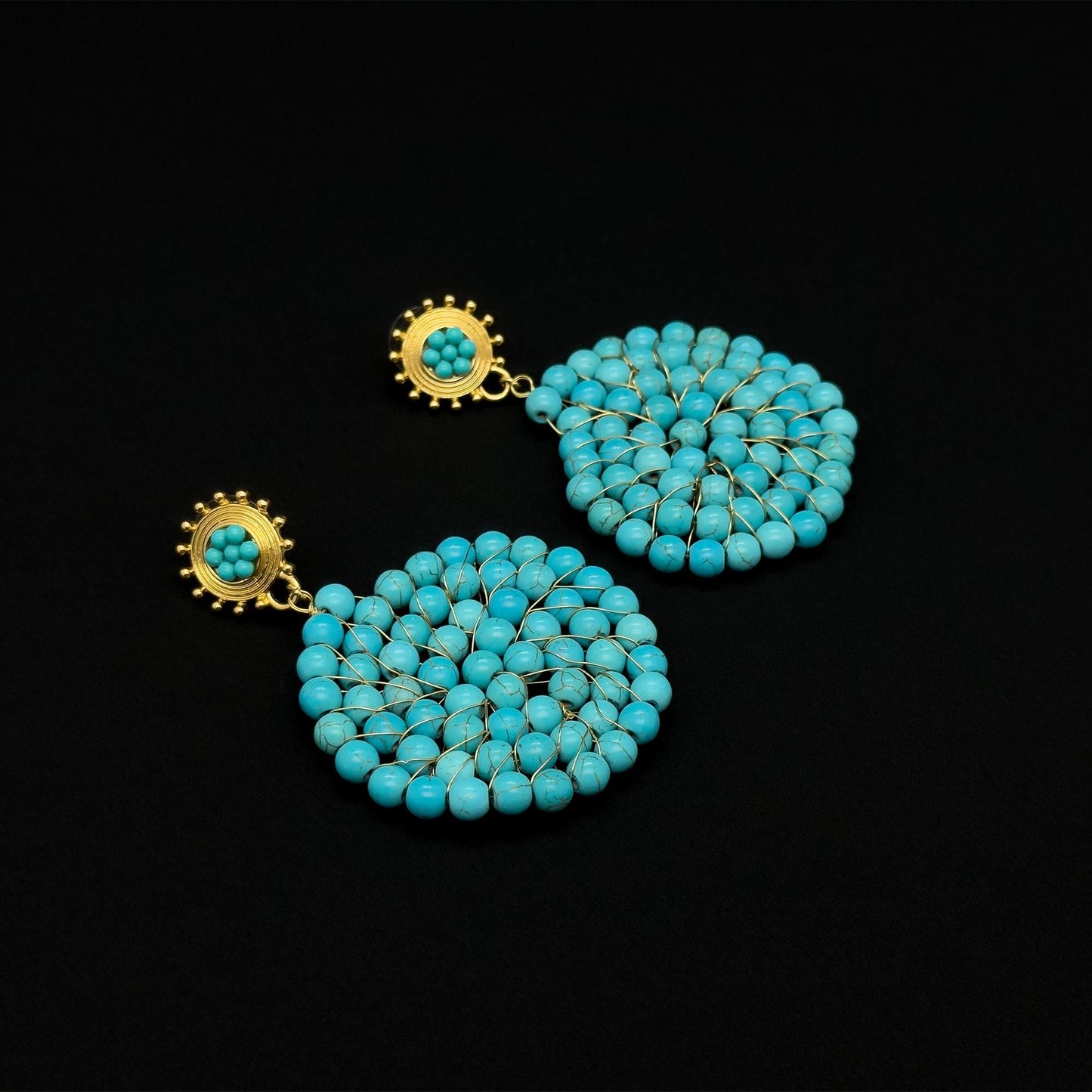 Vintage Turquoise Round Disc Hoop Earrings Art Deco Statement