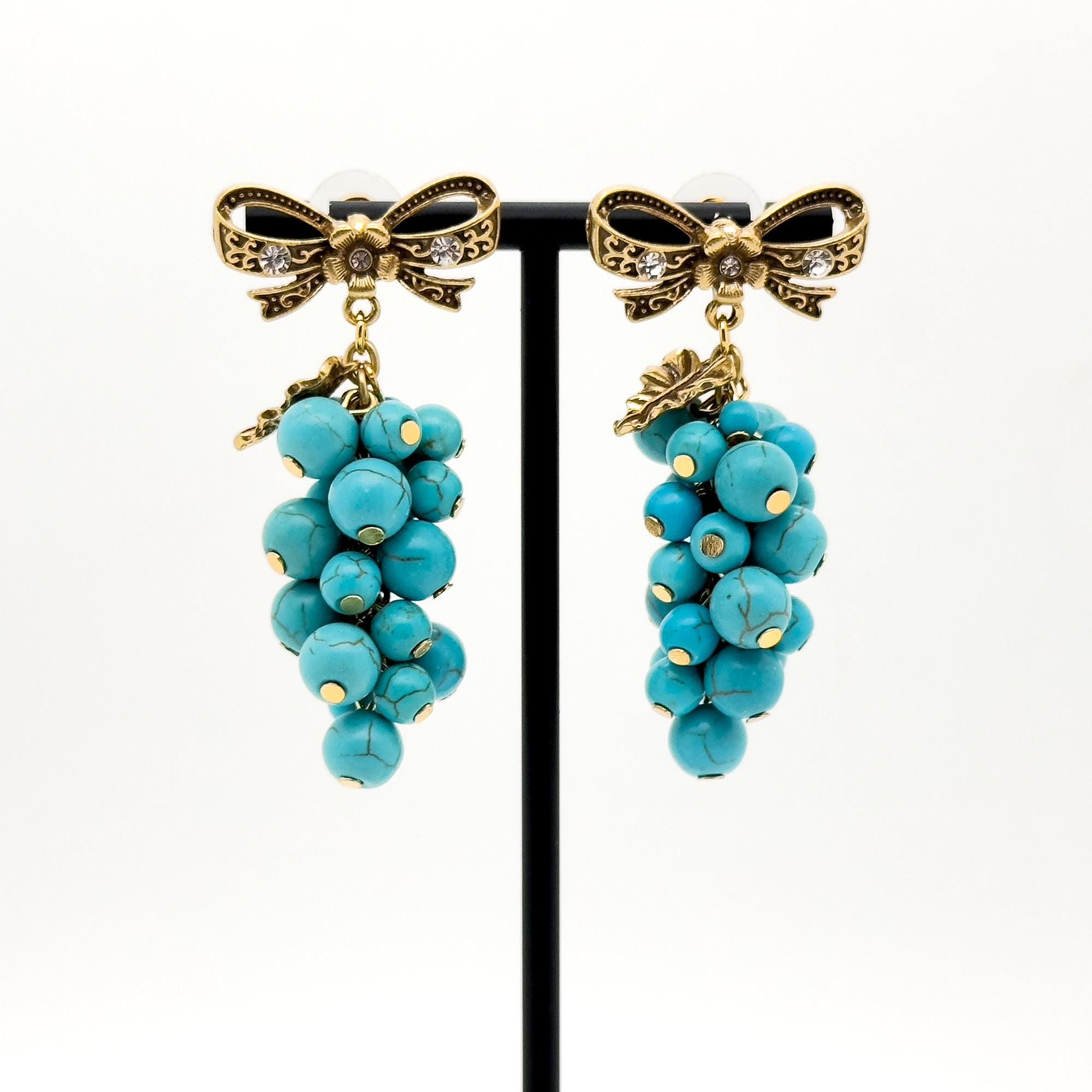 Handcrafted Turquoise Grape Art Deco Dangle Earrings Copper 925 Silver