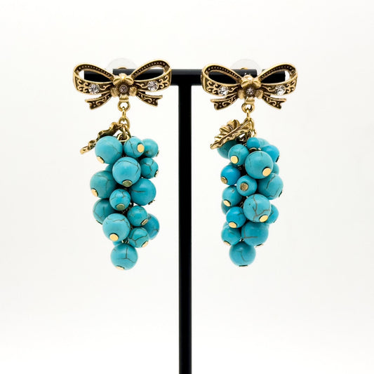 Handcrafted Turquoise Grape Art Deco Dangle Earrings Copper 925 Silver