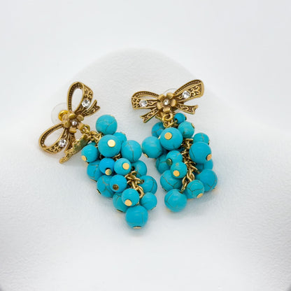 Handcrafted Turquoise Grape Art Deco Dangle Earrings Copper 925 Silver