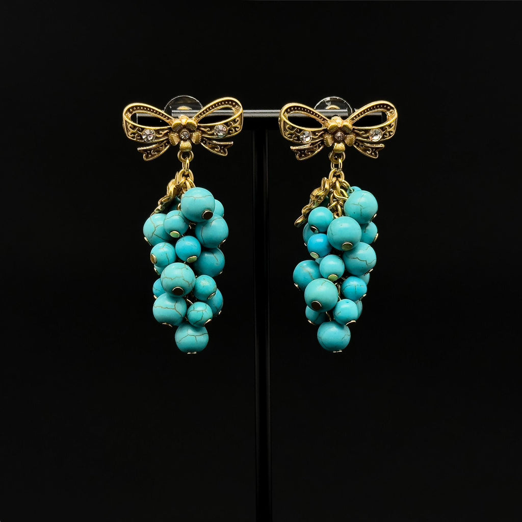 Handcrafted Turquoise Grape Art Deco Dangle Earrings Copper 925 Silver