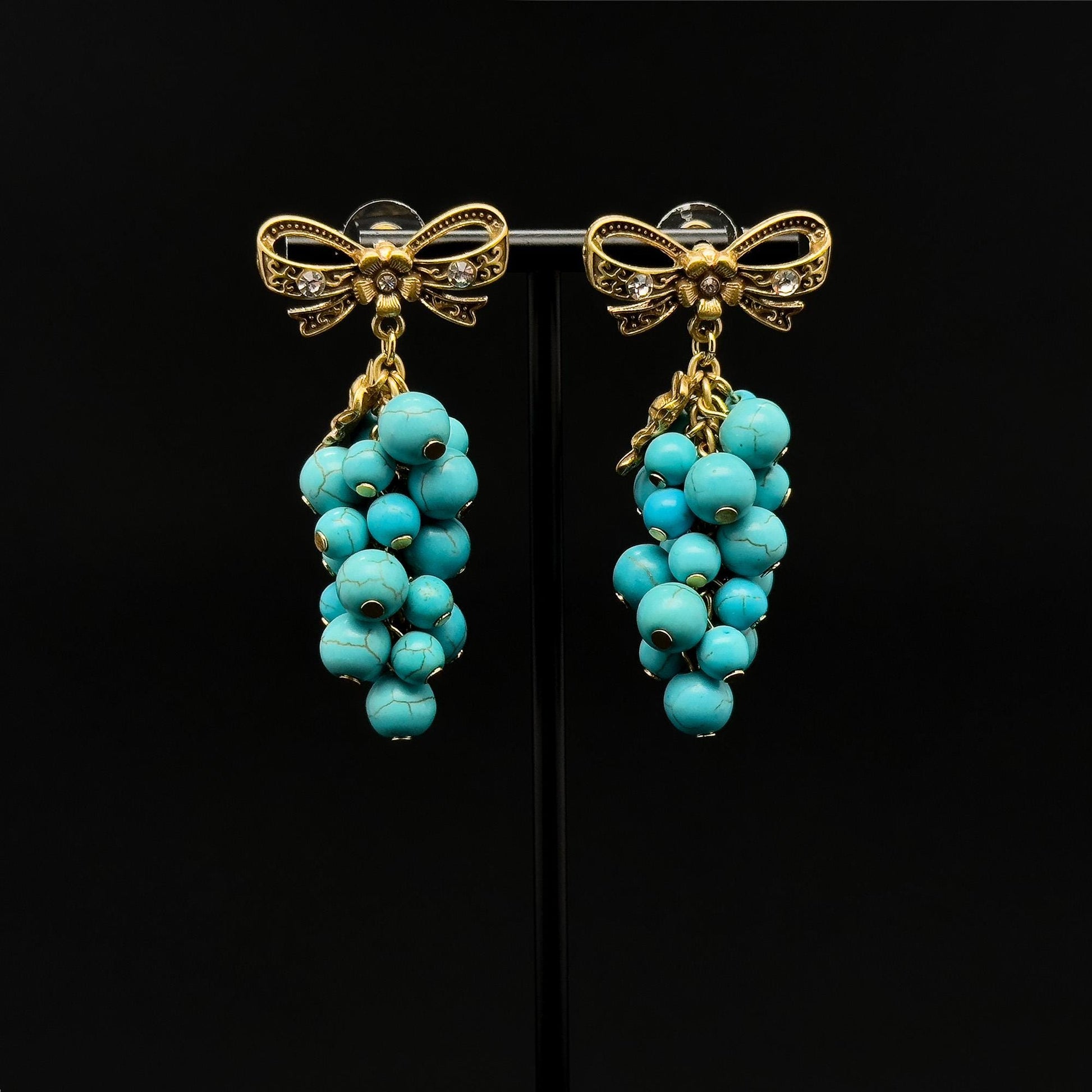 Handcrafted Turquoise Grape Art Deco Dangle Earrings Copper 925 Silver