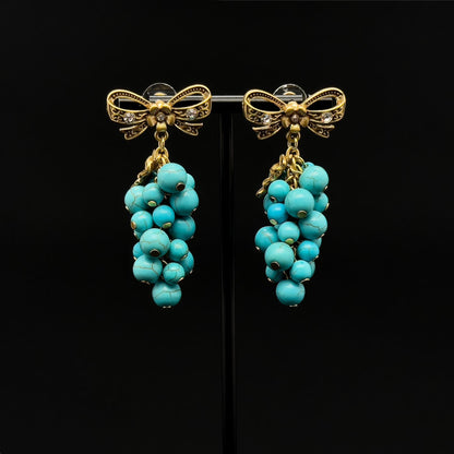 Handcrafted Turquoise Grape Art Deco Dangle Earrings Copper 925 Silver