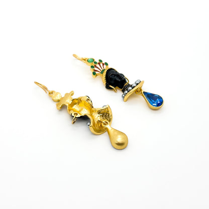 Vintage Ethnic Egyptian Figure Dangle Earrings 18K Gold Plated