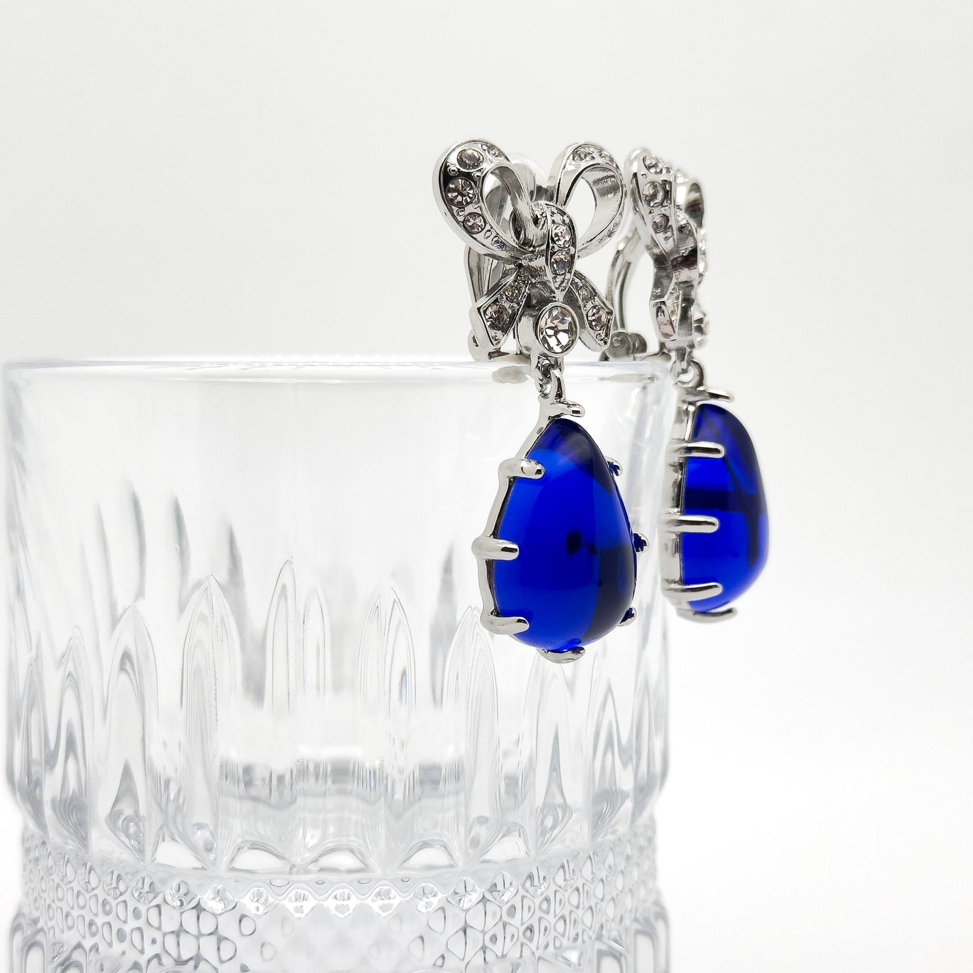 Art Deco Bow Sapphire Drop Earrings with Rhinestone Accents