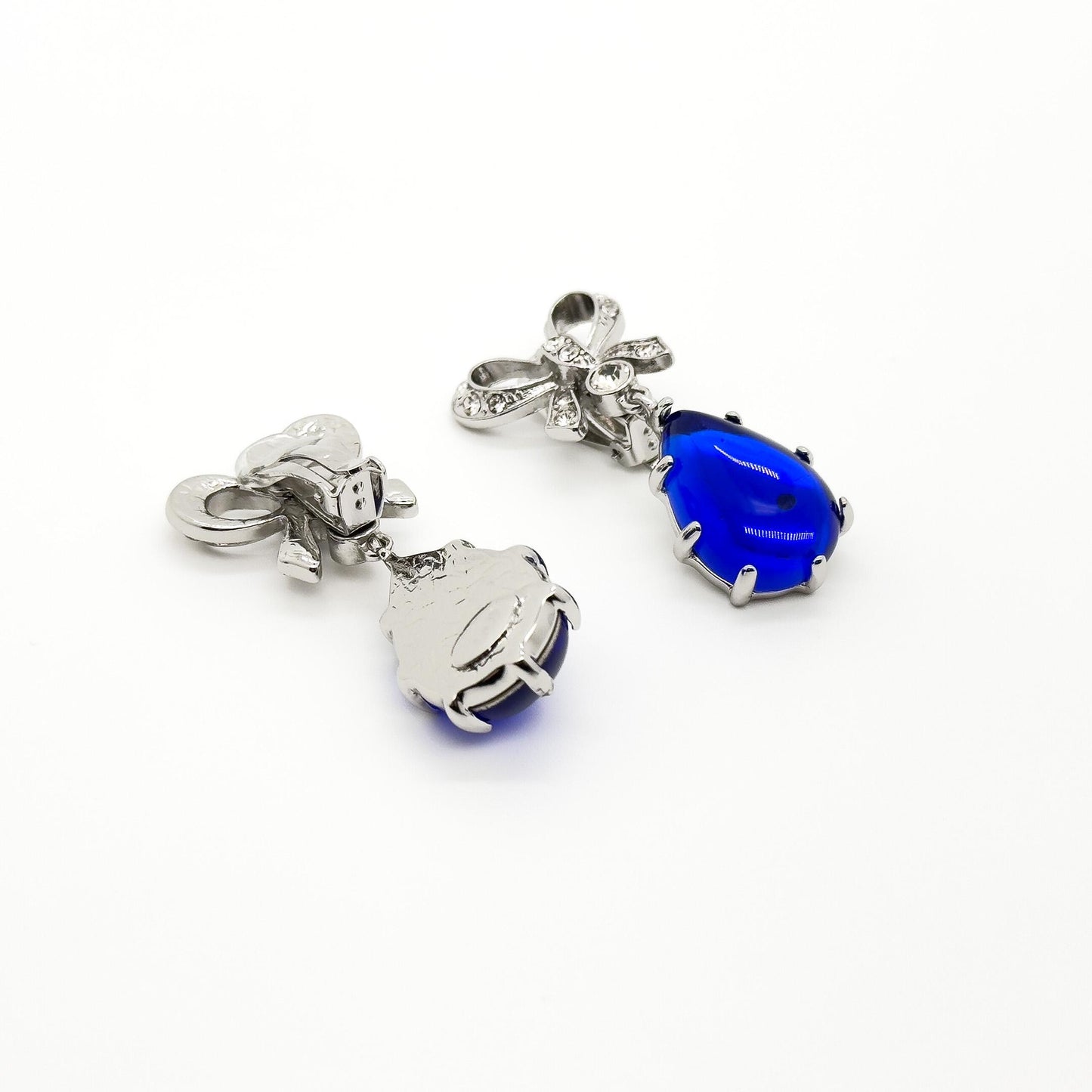 Art Deco Bow Sapphire Drop Earrings with Rhinestone Accents