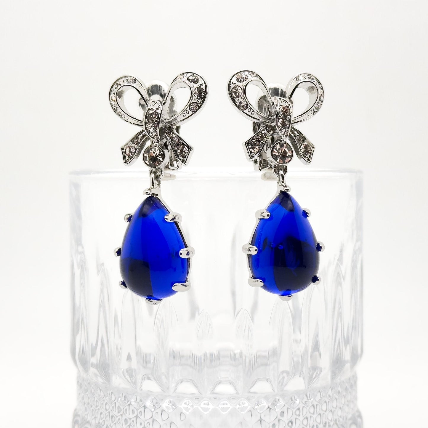 Art Deco Bow Sapphire Drop Earrings with Rhinestone Accents