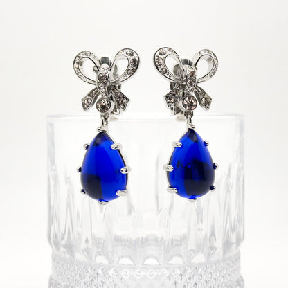 Art Deco Bow Sapphire Drop Earrings with Rhinestone Accents