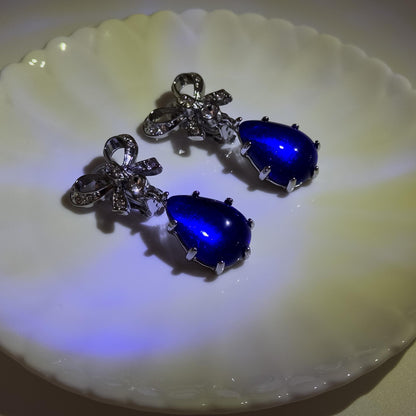 Art Deco Bow Sapphire Drop Earrings with Rhinestone Accents