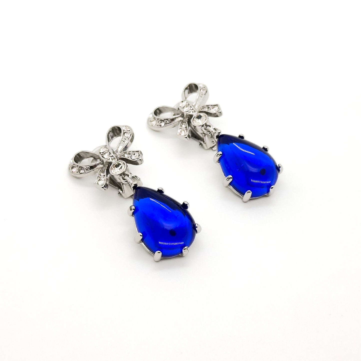 Art Deco Bow Sapphire Drop Earrings with Rhinestone Accents