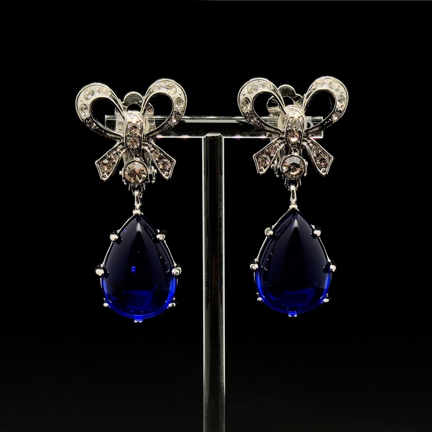Art Deco Bow Sapphire Drop Earrings with Rhinestone Accents