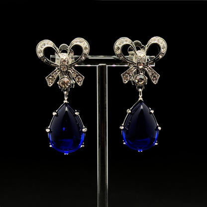 Art Deco Bow Sapphire Drop Earrings with Rhinestone Accents