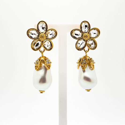 French Vintage Baroque Pearl Teardrop Floral Dangle Earrings Gold-plated
