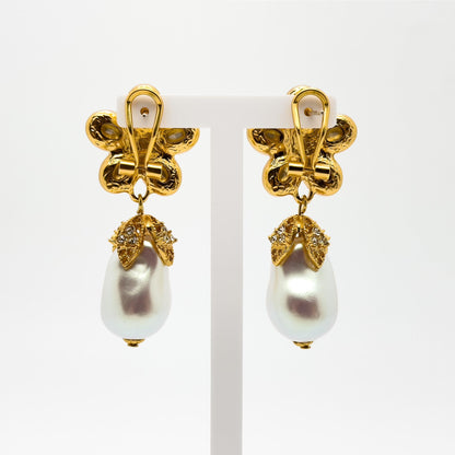 French Vintage Baroque Pearl Teardrop Floral Dangle Earrings Gold-plated
