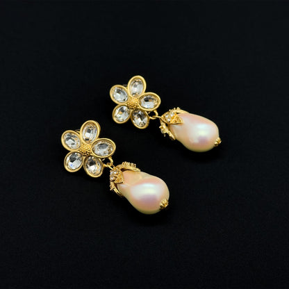 French Vintage Baroque Pearl Teardrop Floral Dangle Earrings Gold-plated