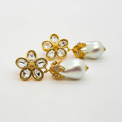 French Vintage Baroque Pearl Teardrop Floral Dangle Earrings Gold-plated