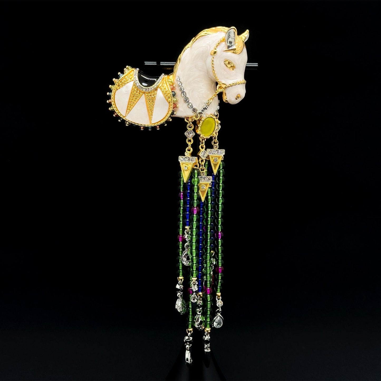 Vintage Art Deco White Horse Beaded Tassel Enamel Brooch Statement