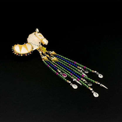 Vintage Art Deco White Horse Beaded Tassel Enamel Brooch Statement