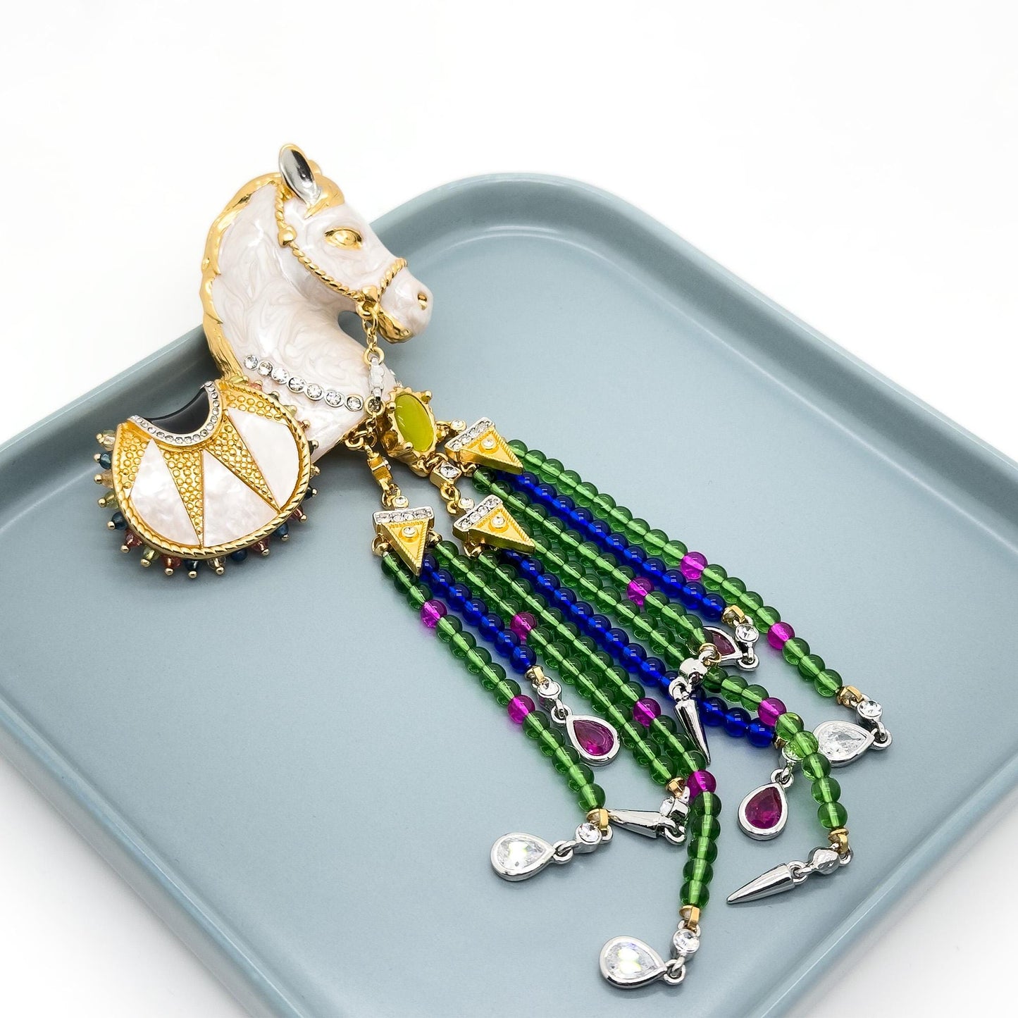 Vintage Art Deco White Horse Beaded Tassel Enamel Brooch Statement