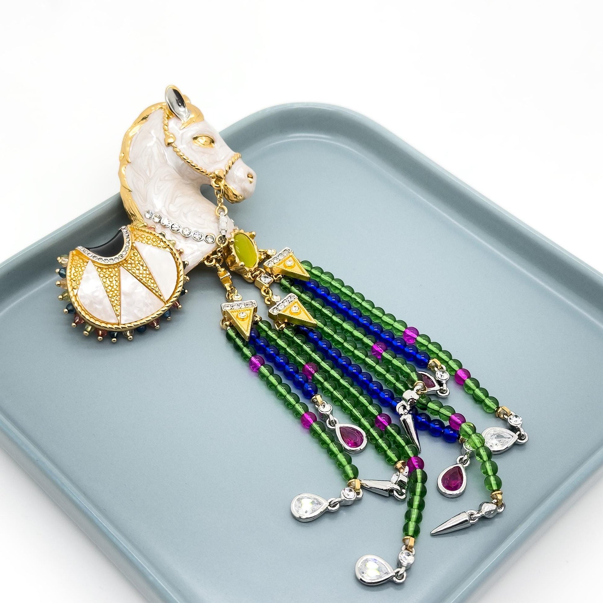 Vintage Art Deco White Horse Beaded Tassel Enamel Brooch Statement