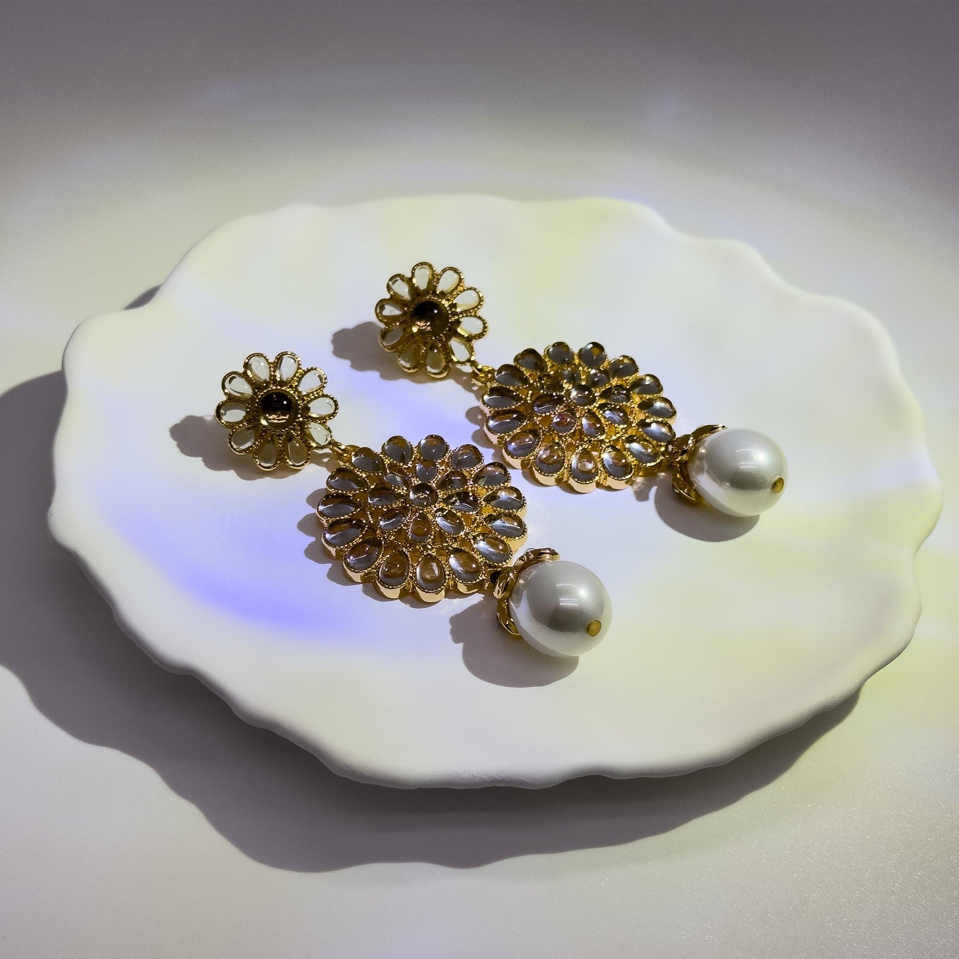 Gold-Plated Sunflower Pearl Tassel Earrings, Floral Vintage French Style