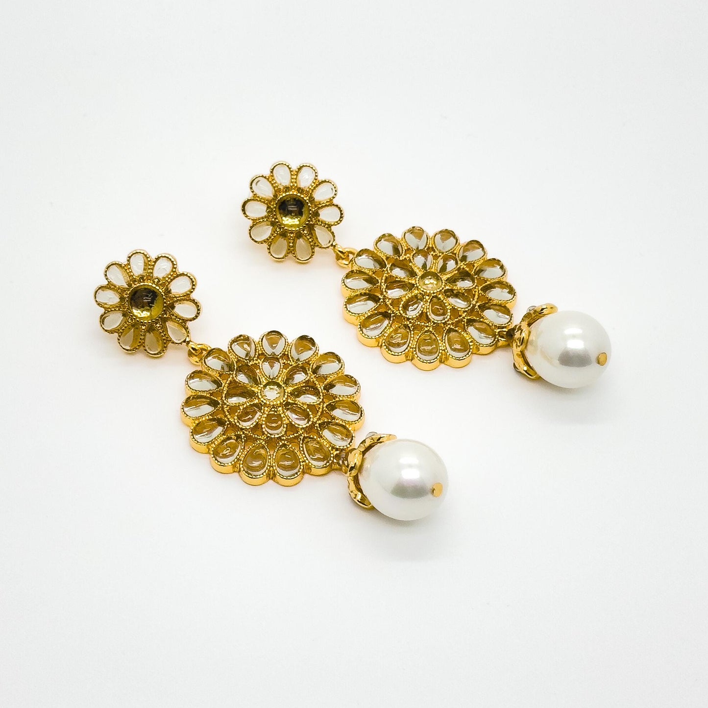 Gold-Plated Sunflower Pearl Tassel Earrings, Floral Vintage French Style