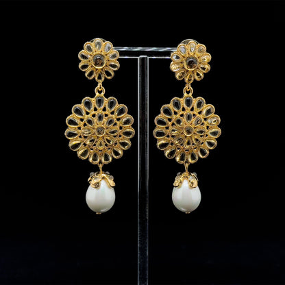 Gold-Plated Sunflower Pearl Tassel Earrings, Floral Vintage French Style
