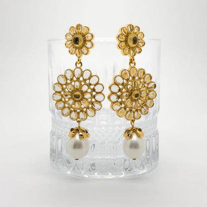 Gold-Plated Sunflower Pearl Tassel Earrings, Floral Vintage French Style