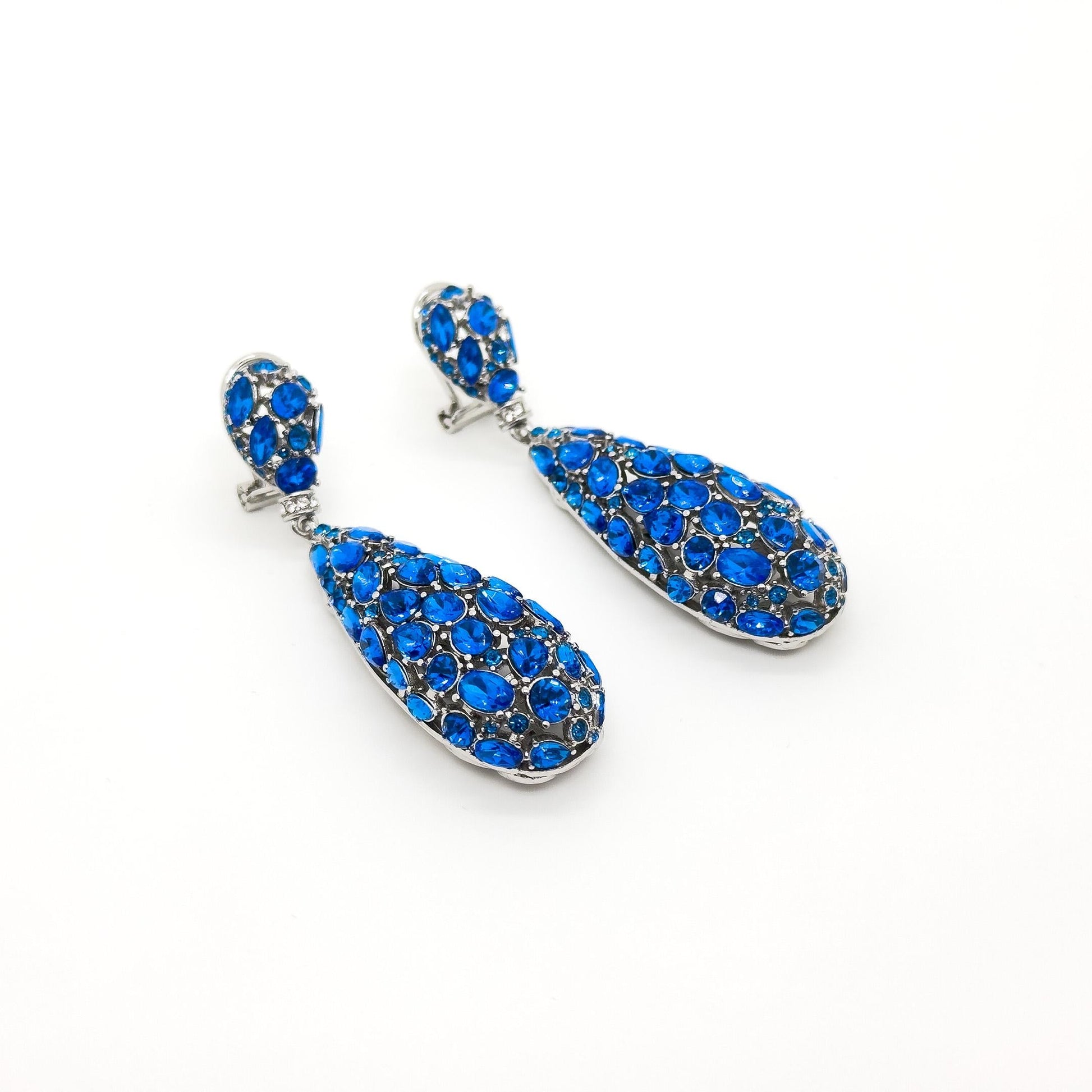 Vintage Blue Drop Rhinestone Earrings with 925 Silver Posts