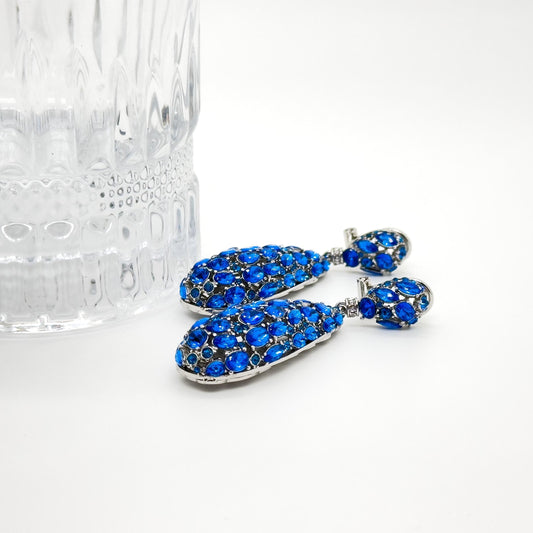 Vintage Blue Drop Rhinestone Earrings with 925 Silver Posts