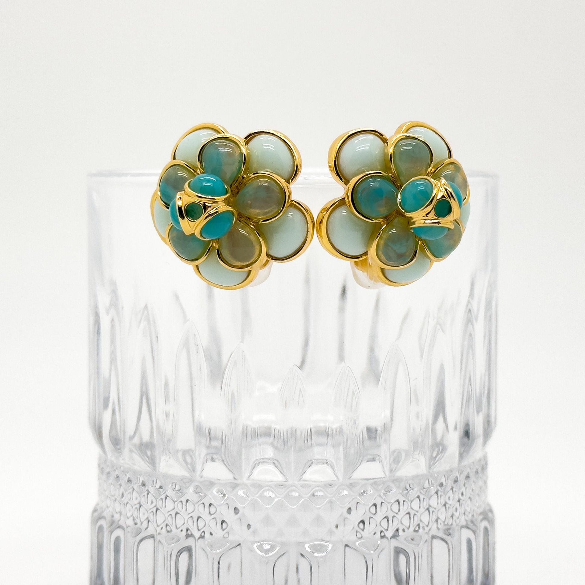 3D Floral Crystal Stud Earrings Gold-Plated Glass Flower Design