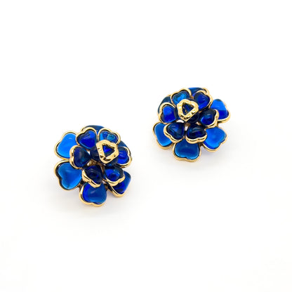 French Vintage Blue Floral Resin Stud Earrings, Gold-Plated Copper
